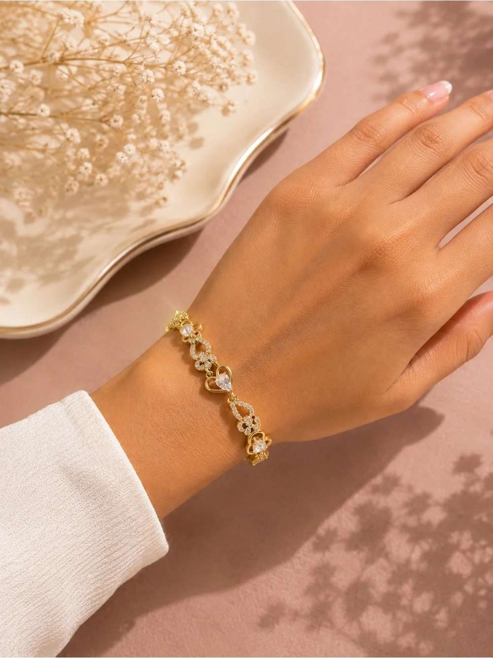 Brazilian Gold Heart & Teardrop CZ Bracelet- Elegant Sparkling Jewerly